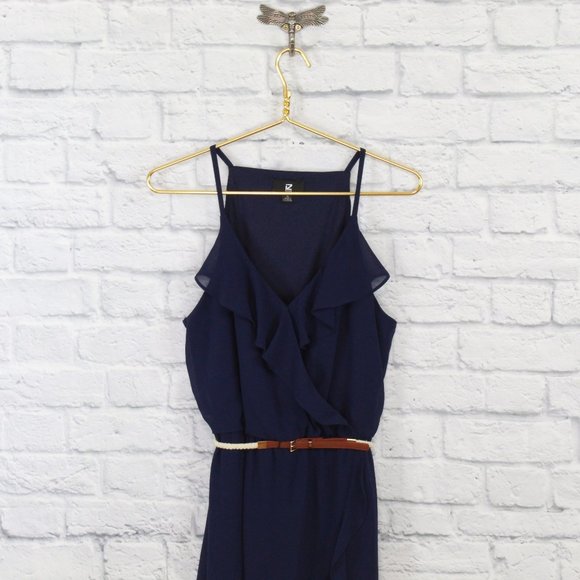 IZ BYER Navy Halter V Neck Ruffle Belted Faux Wrap Rustic Dress Size XL - Picture 2 of 10